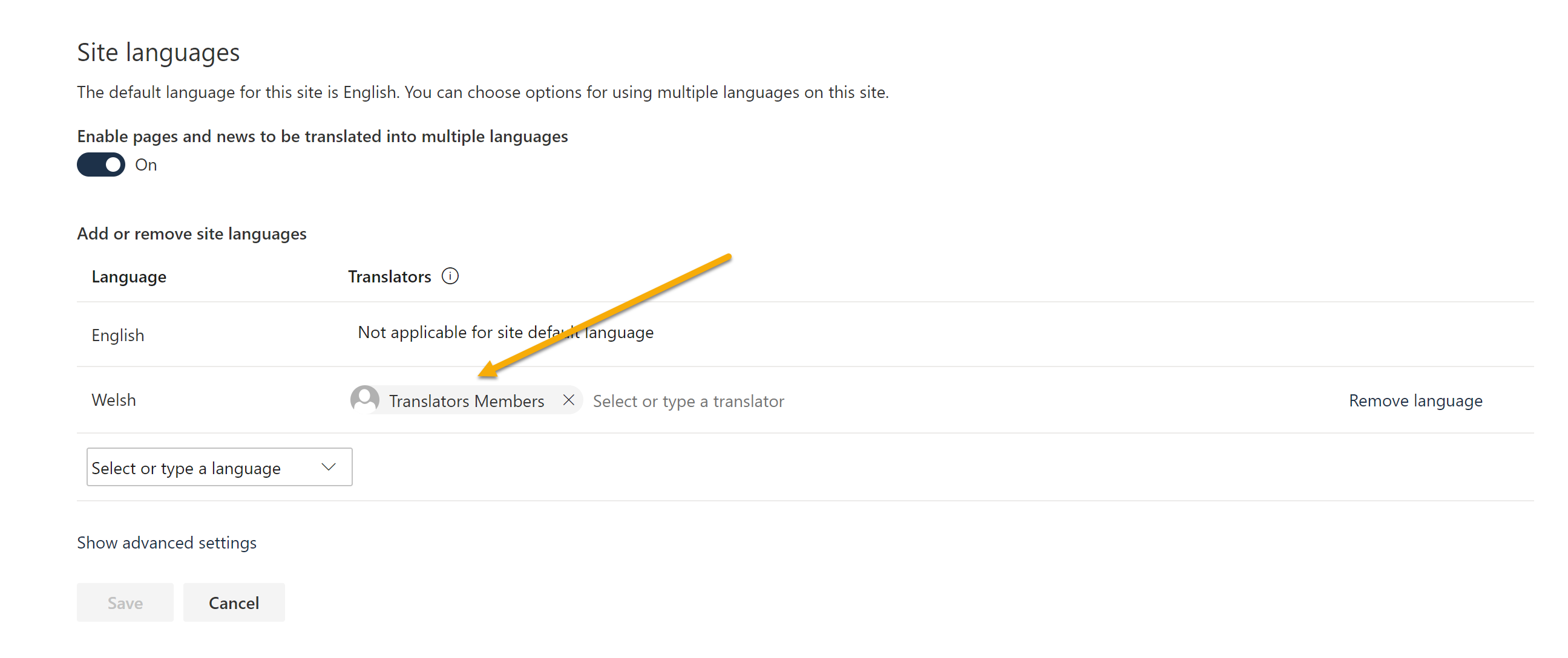 Screenshot of setting a translation group to send notifications to