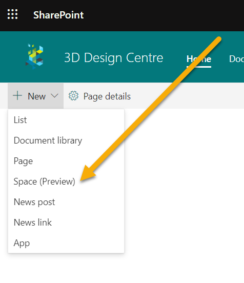 Screenshot of the of the new option to create a SharePoint spaces page
